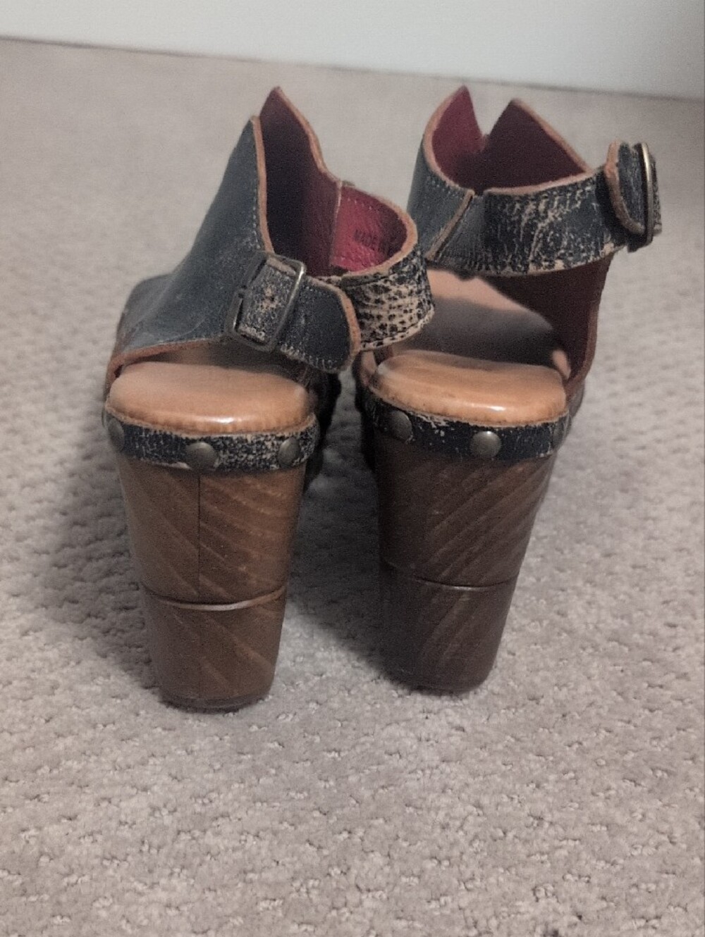 Bed Stu Distressed Black Leather Studded Wedge Sandals Size 7 - Picture 3 of 6